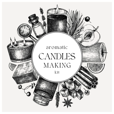 Hand sketched candle-making card design. Vintage candles, herbs, wax, fruits, spices, skewers hand drawings round wreath. Perfect template for aromatherapy, hobby, handcrafts, candle making, package